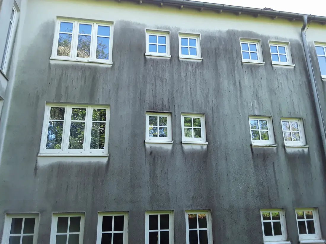 Mehrfamilienhaus-Fassade mit Algenbefall vor der Reinigung