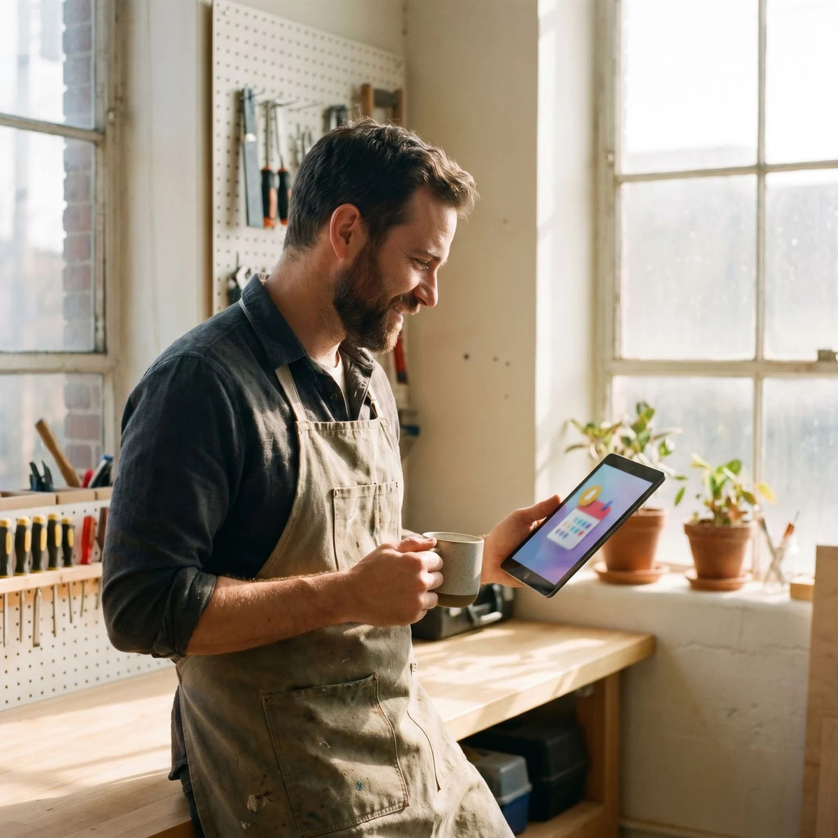 Professionelle Handwerker-Webseite auf Laptop mit dunklem Design und orangem Akzent